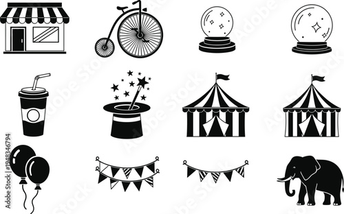 Black Circus Silhouette Vector Icon Set Featuring Carnival Tent Magic Hat Crystal Ball Elephant Penny Farthing Bicycle Shop Bunting And Balloons For Event Designs