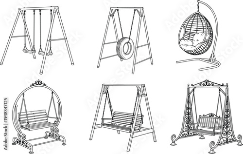 Garden swing and hanging chair illustration set including playground swings, tire swing and decorative outdoor bench swings isolated on white background