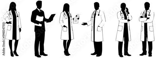 Medical professionals in various poses and activities in lab coats