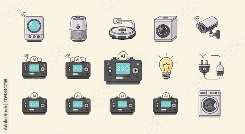 Collection of smart home devices including AI hubs, security cameras, appliances, and accessories