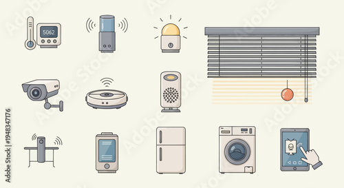 Flat illustration of smart home devices, including security, climate, and appliances