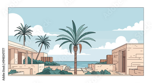 A serene coastal resort with lush palms and clear blue water