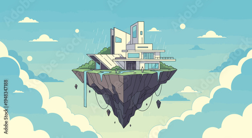 A modern house sits atop a floating island in the sky