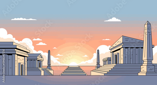 Geometric ancient structures face a vibrant sunrise with scattered clouds