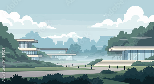 Modern, minimalist campus with glass buildings surrounded by lush greenery and soft clouds