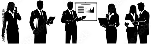 Business professionals working together in modern office setting with laptops and presentation