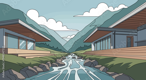 Two modern homes flank a flowing river in a mountainous landscape