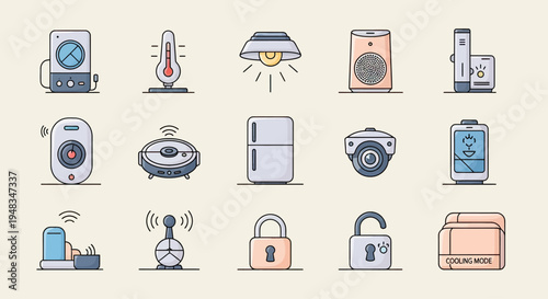 Collection of smart home device icons in flat illustration style