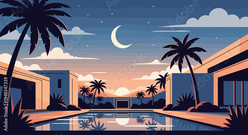 Tropical twilight scene with a pool and crescent moon
