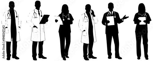 Medical professionals in various poses with medical equipment