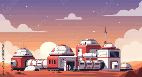 Futuristic space base on Mars under a purple and orange sky