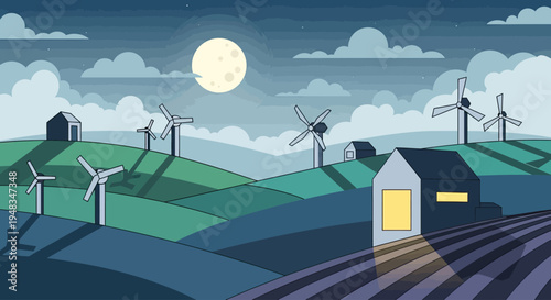Moonlit night landscape with wind turbines and a glowing house