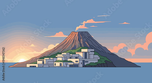 Volcanic island with modern architecture at sunset