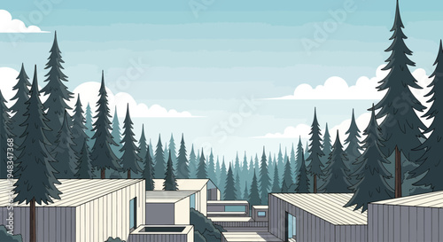 Modern homes nestled within a dense evergreen forest under a cloudy sky