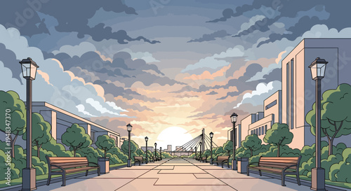 Sun-drenched pathway lined with benches and trees, leading to a distant bridge