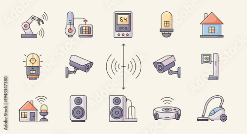 Diverse icons represent smart home devices, security, and automation