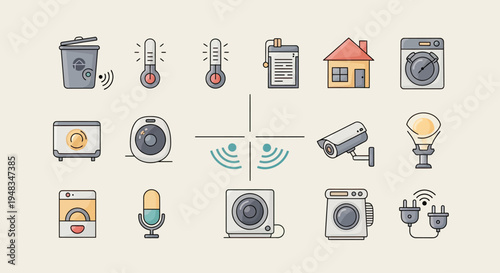 Flat icons of smart home devices trash, thermometers, clipboard, house, appliances