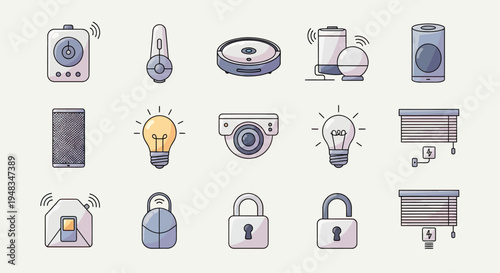 Collection of stylized smart home devices and security icons