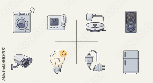 Assorted smart home devices, including a washing machine, thermostat, robot vacuum, speaker, security camera, light bulb, smart plug, and refrigerator