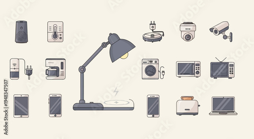 Array of modern home appliances and gadgets, including smart devices