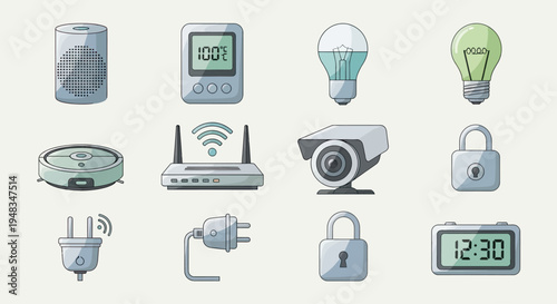 Smart home devices including speaker, thermostat, camera, router, robot vacuum, plugs, and clocks