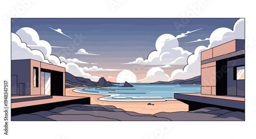 Modern beach houses overlook a serene coastal sunset with dramatic clouds