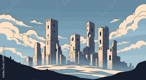 Ancient, stylized castle ruins stand against a hazy sky filled with soft clouds