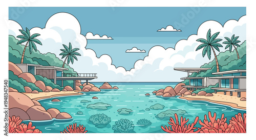 Modern villas nestled on a tropical island coastline with clear turquoise waters