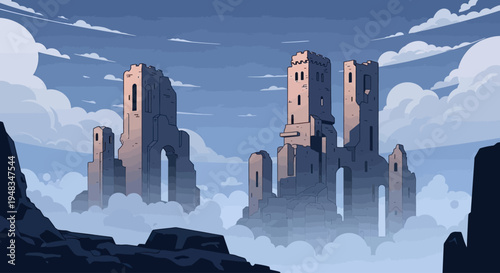 Ancient, partially ruined castles emerge from a sea of clouds under a twilight sky