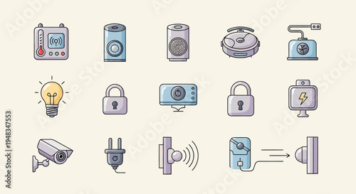 Flat design icons representing various smart home devices