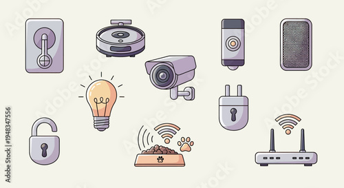 Collection of flat icons representing smart home devices and technology