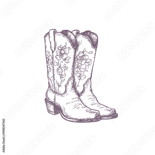 Western-style cowgirl boots with floral details, hand-drawn in vintage ink. Isolated, outlined sketch perfect for rodeo themes and rustic designs. Vector clipart.