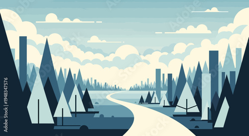 A minimalist abstract landscape with a winding road through stylized trees and buildings