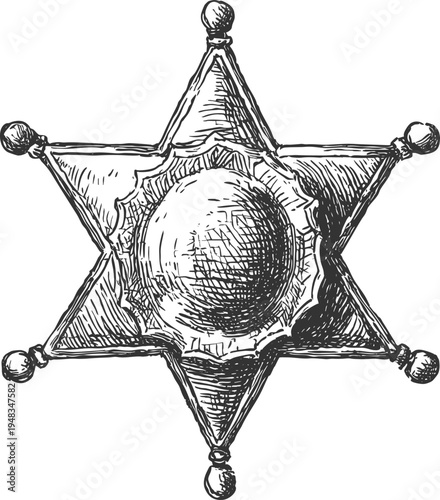 Western sheriff badge star vector illustration in vintage engraved style. Perfect for law enforcement graphics, cowboy-themed designs, western posters, badges, ranch branding, and vintage emblems.