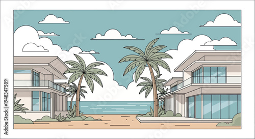 Modern beach houses flanked by palm trees overlooking the ocean