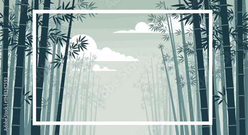 Serene bamboo grove with a white frame and cloudy sky