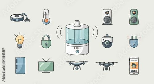 Collection of smart home devices, including appliances, electronics, and security items