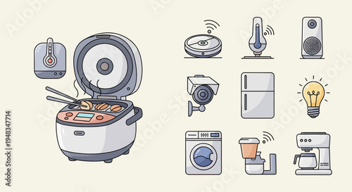 A collection of smart home appliances and kitchen gadgets in a clean illustration style