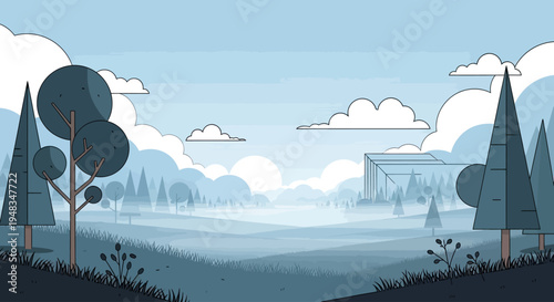 Ethereal misty landscape with stylized trees and clouds under a pale sky