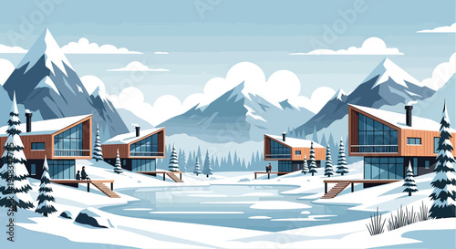 Modern cabins nestled in snowy mountains beside a frozen lake