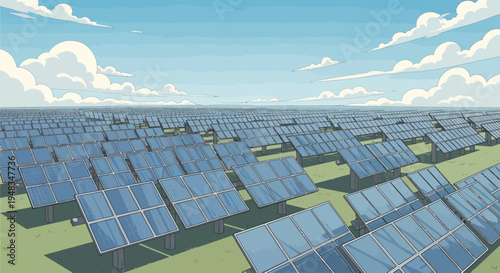 Vast solar panel array under a cloudy blue sky, powering clean energy