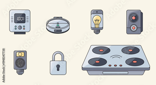 Collection of modern electronic gadgets and appliances, including a speaker, stove, lock, and more