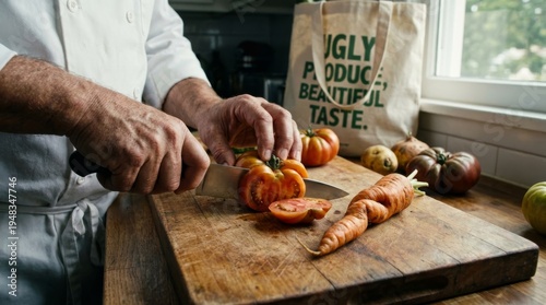 Chef Chopping Imperfect Organic Vegetables to Reduce Food Waste. Represents ugly produce, sustainable cooking, and environmental awareness.
