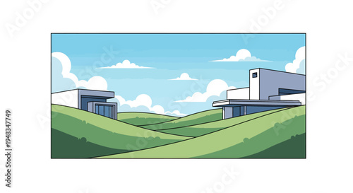 Modern abstract buildings on rolling green hills under a cloudy blue sky