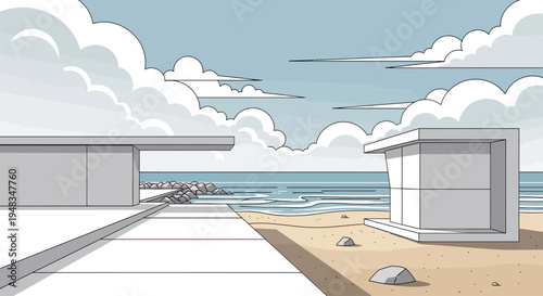 Modern structures meet a beach, ocean, and cloudy sky