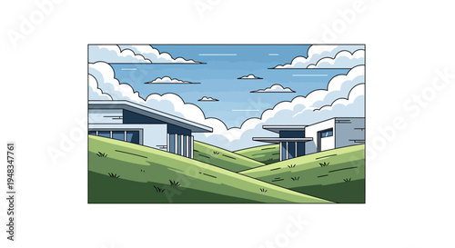 Modern houses on green hills under a cloudy blue sky