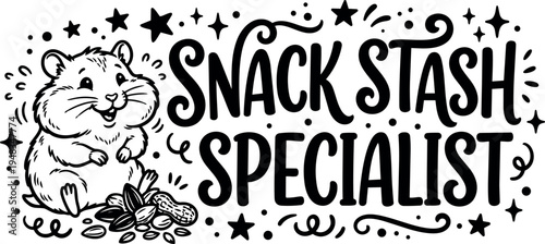 Cute happy hamster holding and eating nuts with cheek full snack stash specialist hand drawn style