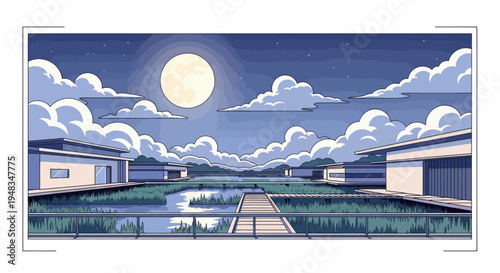 Serene moonlit night over modern waterfront homes, reflecting tranquil waters