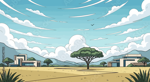 Modern homes in a savanna landscape under a dramatic sky