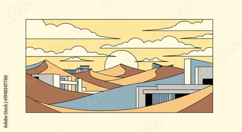 Stylized desert landscape with modern architecture and a large sun